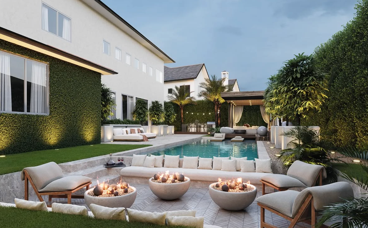 Luxury pool patio at dusk